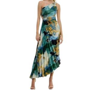 Socialite Blue Gold One Shoulder Dress Pleated Asymmetrical Cocktail Party Med